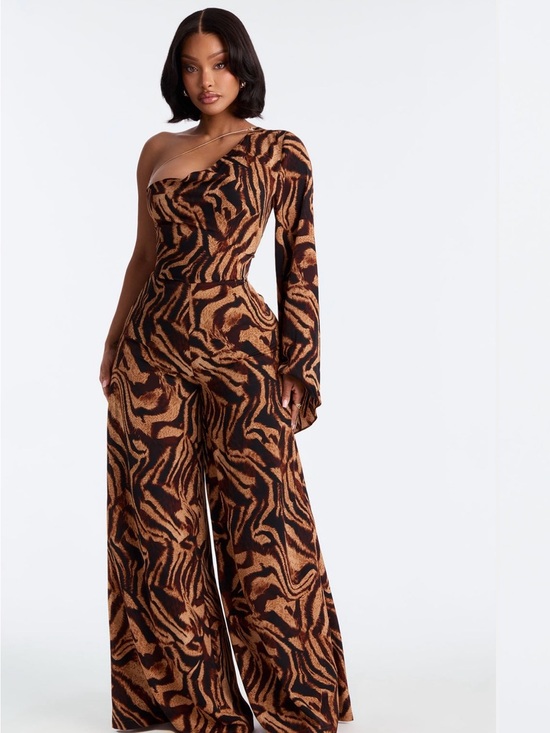 Fashion Nova Pants - Tori Zebra One Shoulder Jumpsuit - Brown/combo